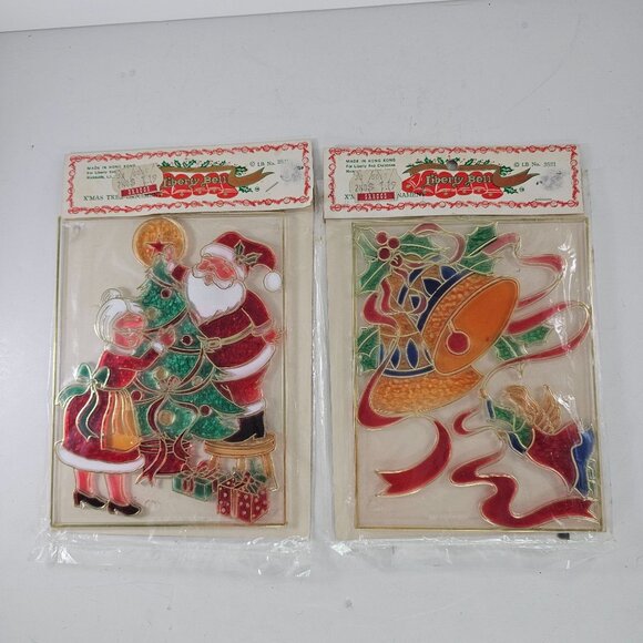 Vintage Liberty Bell Christmas Plastic Stained Glass Ornaments NOS Set of 2 - Picture 9 of 9